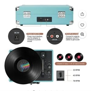 Byron Statics Portable Turquoise Record Player- Bluetooth adaptable!